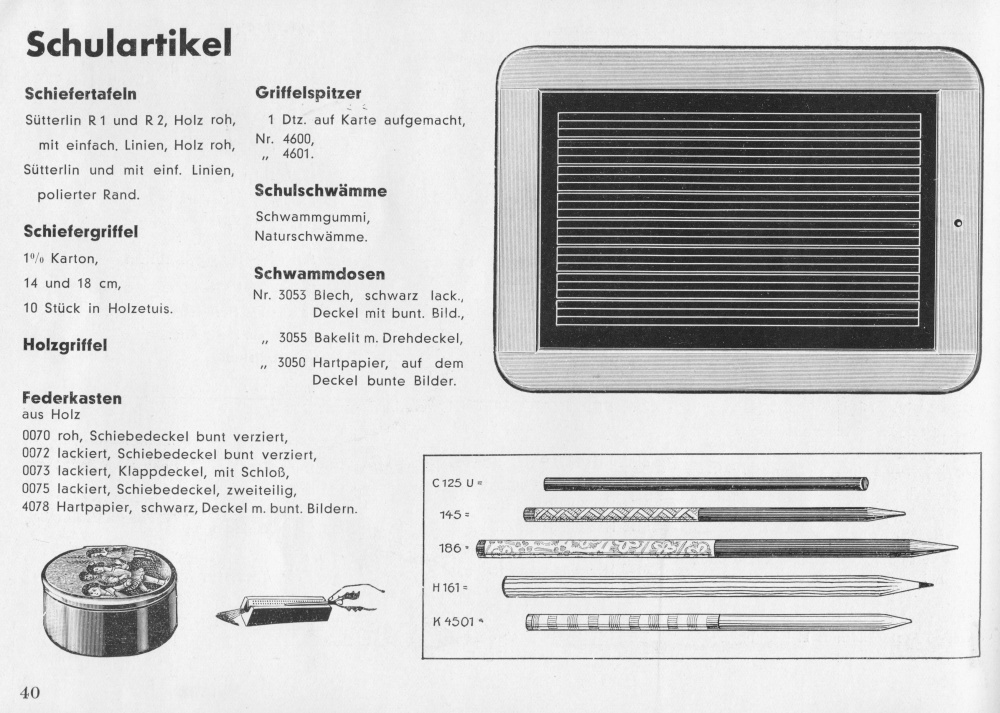 S. 40: Schulartikel - Griffel, Schwamm u. Tafel