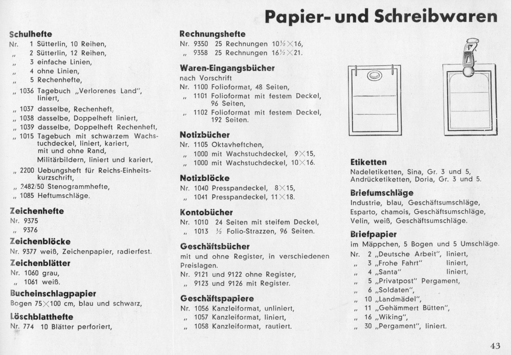 S. 43: Papier- und Schreibwaren