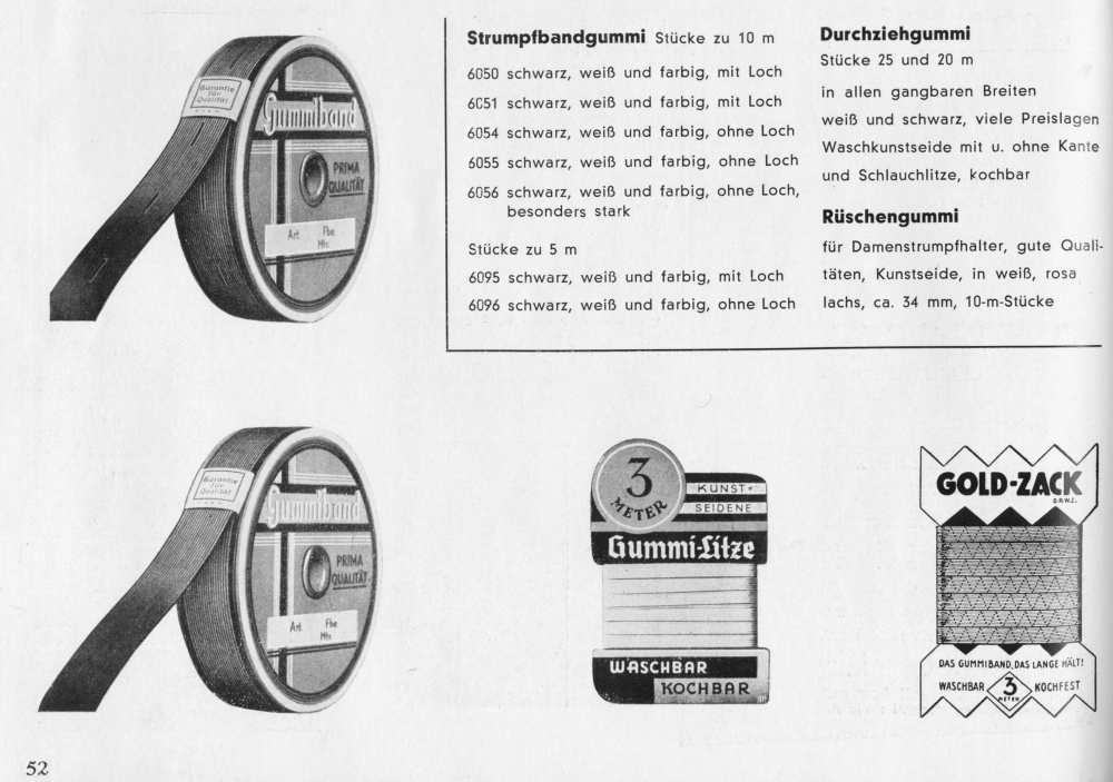 S. 52: Strumpfband-, Durchzieh- u. Rüschengummi