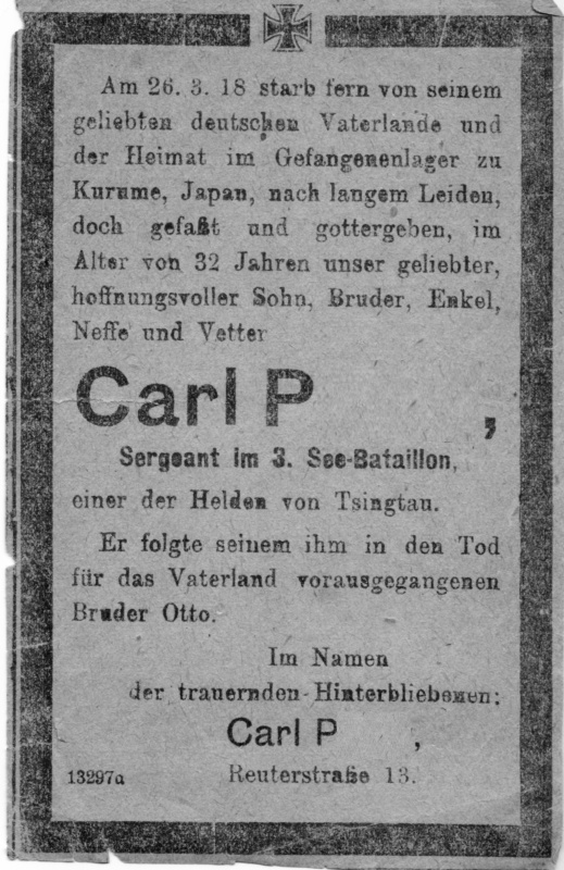 Kriegsgefangener in Japan gestorben, März 1918