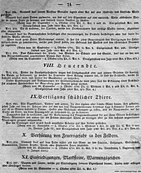 S. 21: VIII. Heuerndte. IX. Vertilgung<br> schädlicher Thiere. X. Verhütung von<br> Feuersgefahr in den Feldern. XI. Einfriedigungen,<br> Marksteine, Warnungszeichen.