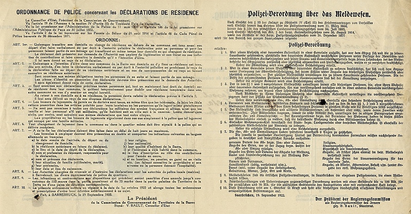 Polizei-Verordnung über das Meldewesen für das Saargebiet vom 19. September 1922.