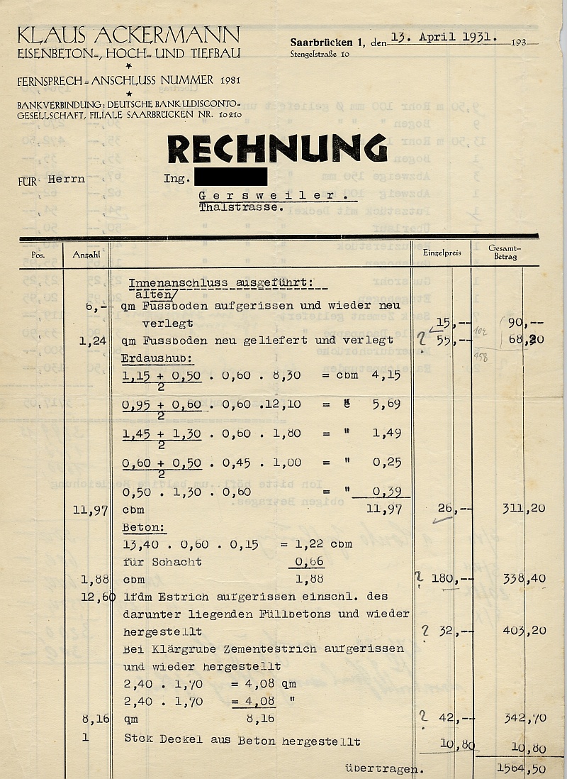 Rechnung von Firma Klaus Ackermann, Eisenbeton-, Hoch- und Tiefbau, Stengelstraße 10, Saarbrücken 1, Seite 1.