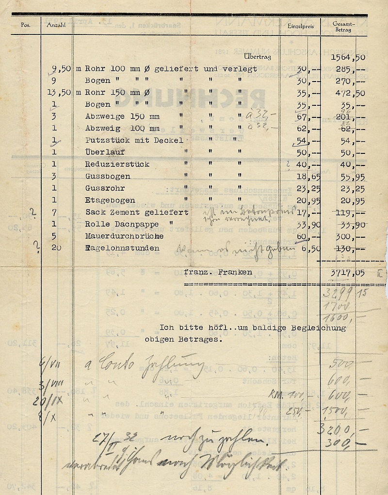 Rechnung von Firma Klaus Ackermann, Eisenbeton-, Hoch- und Tiefbau, Stengelstraße 10, Saarbrücken 1, Seite 2.