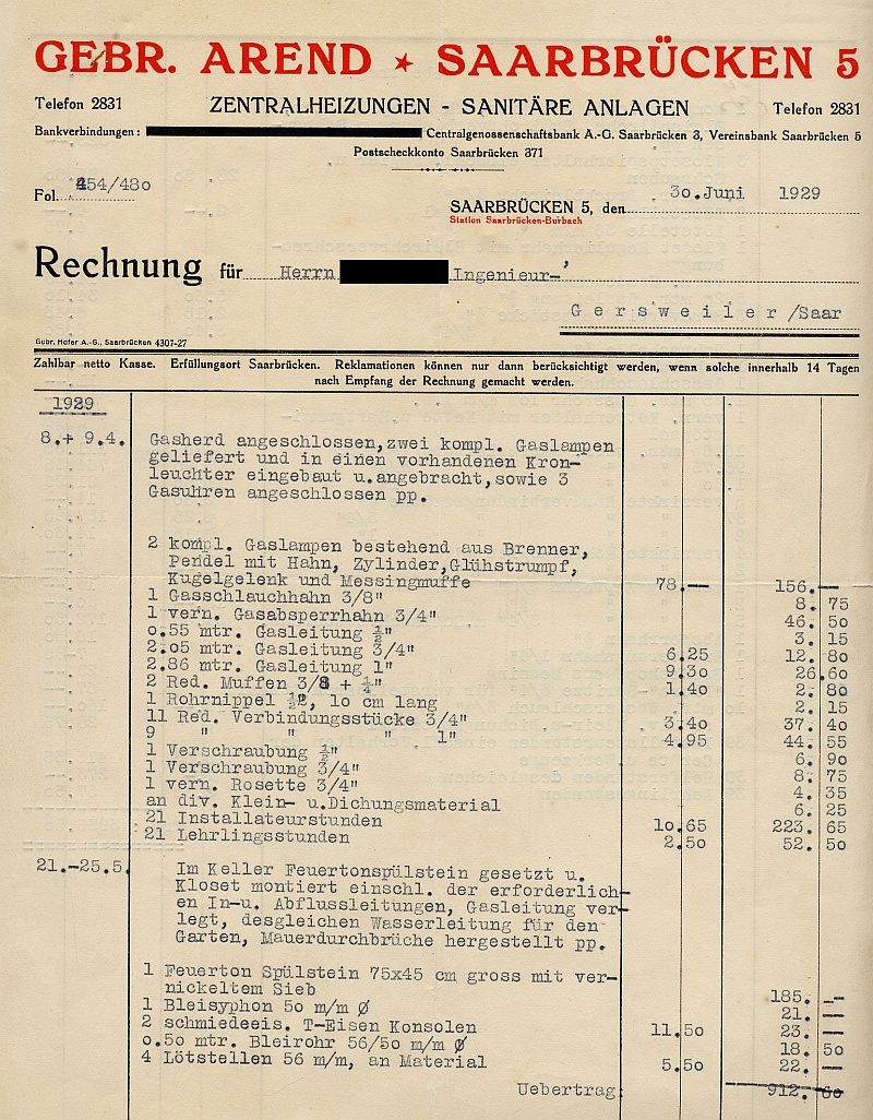 Rechnung der Gebr. Arend, Zentralheizungen und sanitäre Anlagen, Station Saarbrücken-Burbach in Saarbrücken 5, Seite 1.