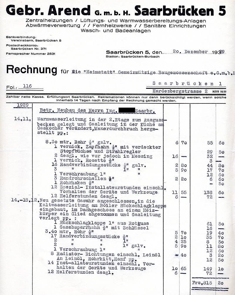 Rechnung der Firma Gebr. Arend in Saarbrücken 5, jetzt als G.m.b.H.