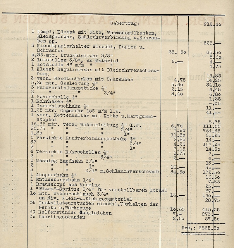 Rechnung der Gebr. Arend, Zentralheizungen und sanitäre Anlagen, Station Saarbrücken-Burbach in Saarbrücken 5, Seite 2.