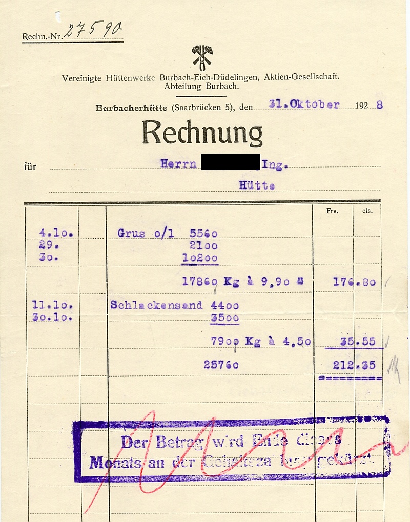 Rechnung der Vereinigten Hüttenwerke Burbach-Eich-Düdelingen, Aktien-Gesellschaft. Abteilung Burbach.