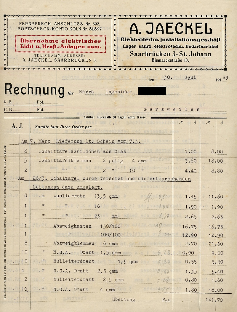 Rechnung der Firma A. Jaeckl, elektrotechnisches Installationsgeschäft, Bismarckstraße 10 in Saarbrücken 3 - St. Johann, Seite 1.