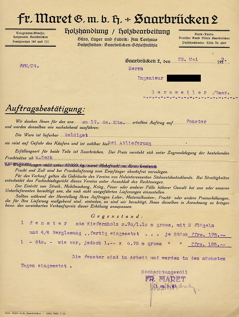 Rechnung der fr. Maret G.m.b.H., Holzhandlung und Holzbearbeitung, Am Torhaus in Saarbrücken 2.