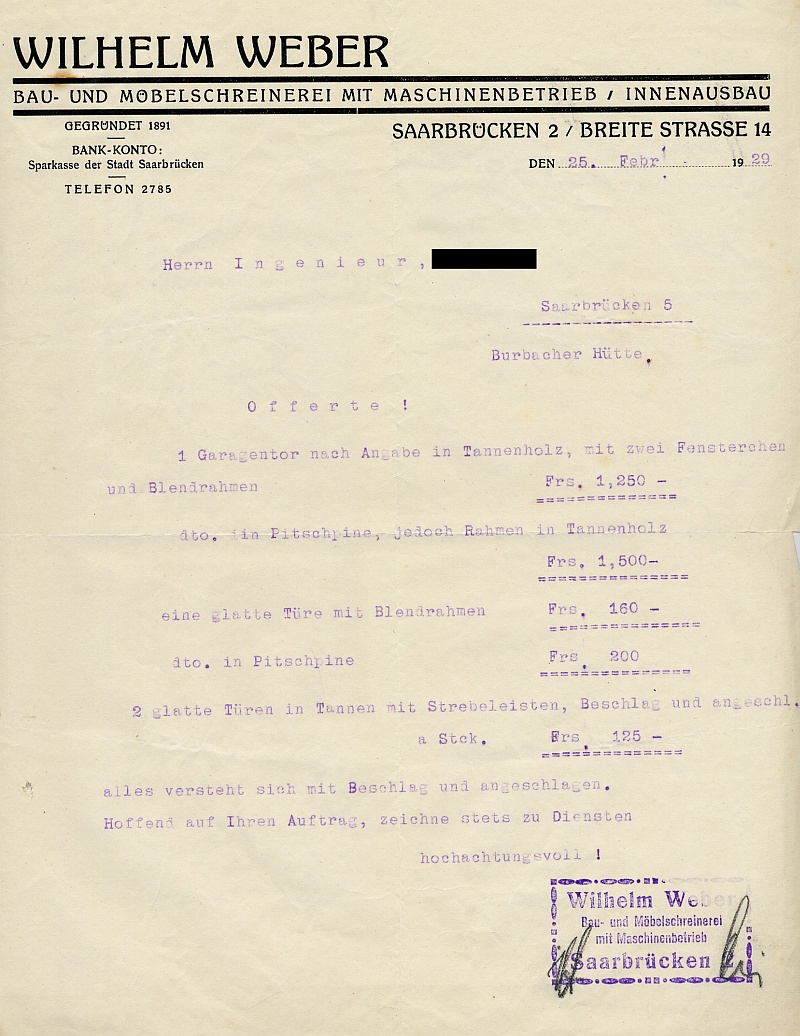 Angebot für ein Garagentor und zwei Türen von Wilhelm Weber, Bau- und Möbelschreinerei, Breite Straße 14 in Saarbrücken 2.